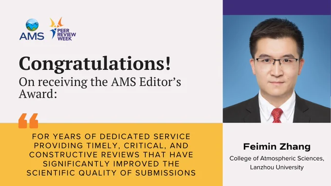 Graphic for Peer Review Week congratulating Feimin Zhang, College of Atmospheric Sciences, Lanzhou University, with a citation.