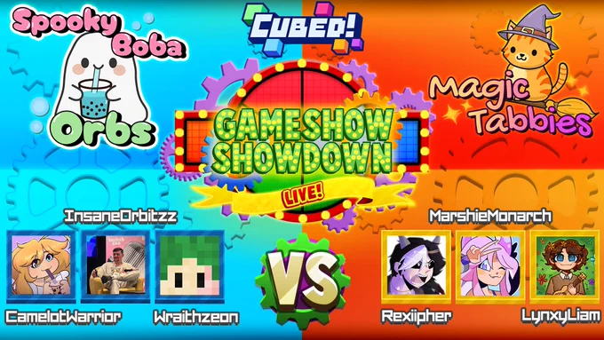 Promotional banner for Gameshow Showdown Live. The Blue Team is called Spooky Boba Orbs, composed of CamelotWarrior, InsaneOrbitzz, and Wraithzeon. The Orange Team is called Magic Tabbies, composed of Rexiipher, MarshieMonarch, and LynxyLiam.