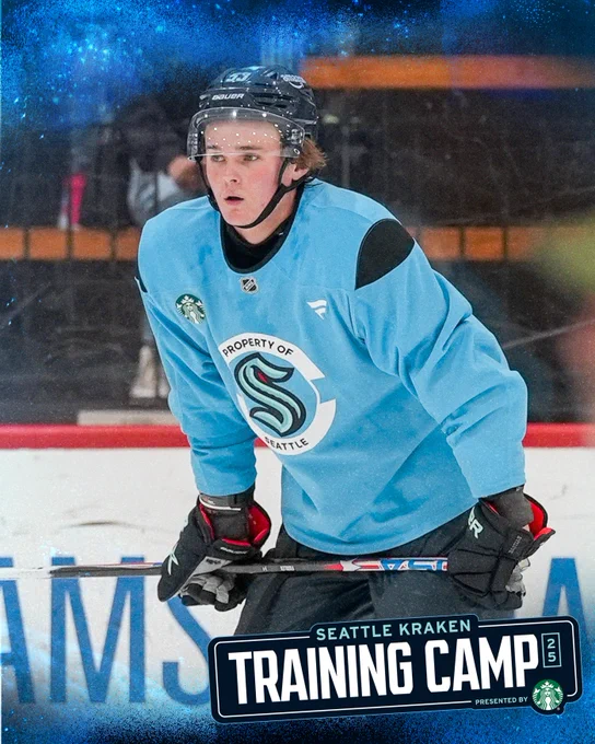 a photo of Seattle Kraken prospect Blake Fiddler on the ice at training camp with a badge reading: Seattle Kraken Training Camp, presented by Starbucks