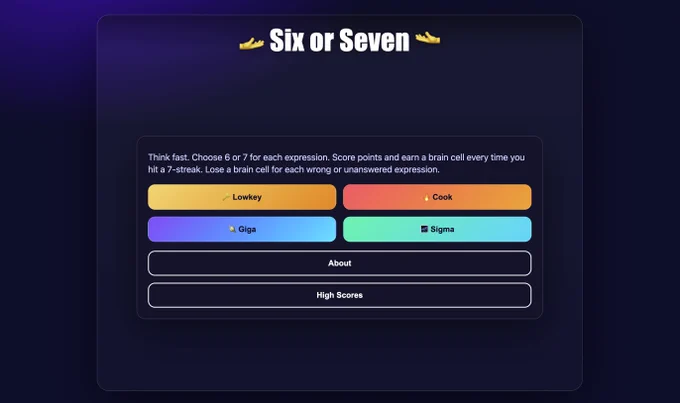 Six or Seven game main menu