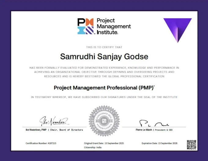 Congratulations to our alumni Samrudhi Godse PMP® on clearing the PMP certification exam on her very first attempt.