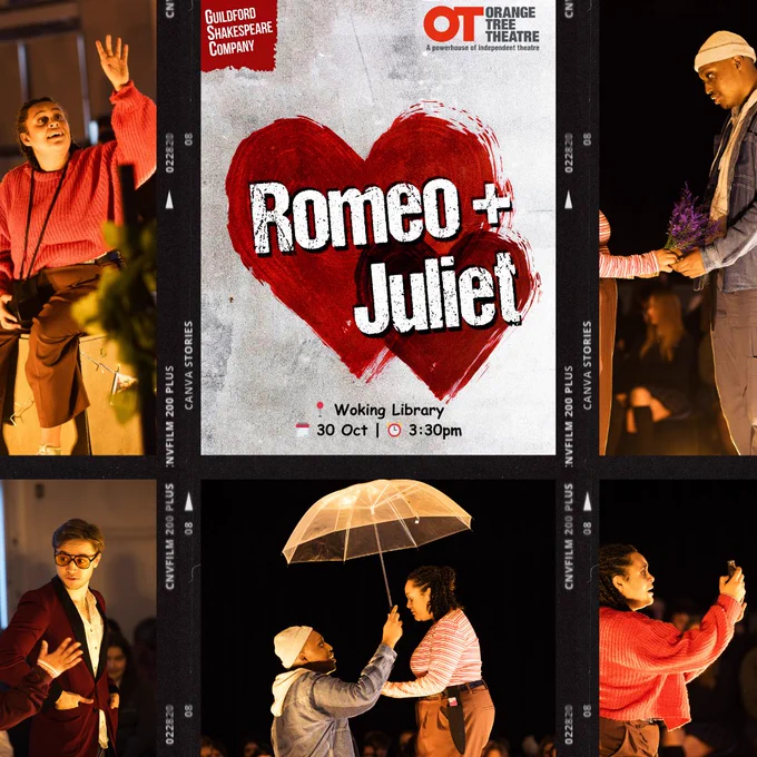 Images of actors performing a modern adaptation of Romeo and Juliet on stage, with one holding a transparent umbrella over the other.