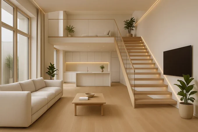A photorealistic 3D rendering of a modern, minimalist living room with an open-concept layout. The space features a light beige color palette, a large sectional sofa, a wooden coffee table, and integrated ambient lighting throughout. A sleek staircase with under-step lighting leads to an upper loft area. Floor-to-ceiling windows bring in natural light, enhancing the clean and elegant interior design.