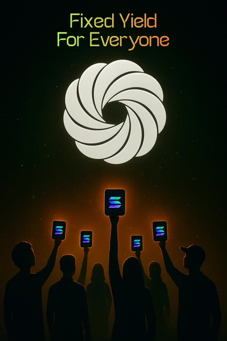 Silhouettes of people holding glowing tablets with the Solana logo, facing a large luminous Podha emblem above them. Text reads “Fixed Yield For Everyone.” The scene highlights accessibility and inclusivity in DeFi.