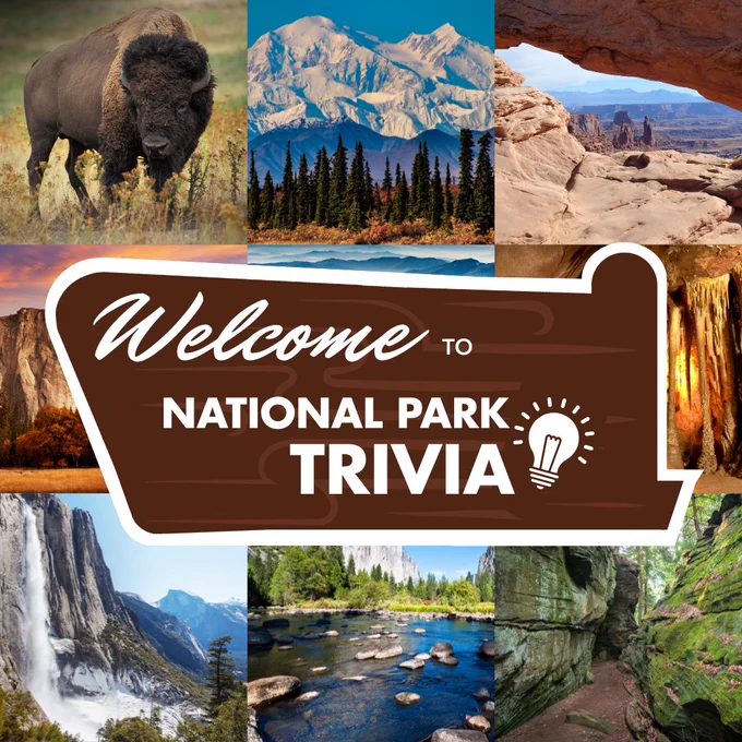 A grid with nine pictures of various national park landscapes serves as the backdrop for a graphic image of a brown sign that reads Welcome to National Park Trivia. 