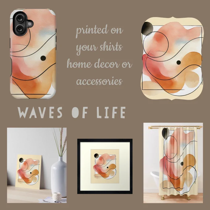 An abstract watercolor design in warm orange peach and beige tones with flowing black lines forming wave like shapes. The artwork is shown on various products including a phone case framed print art board and shower curtain. The composition conveys harmony balance and the gentle rhythm of life.