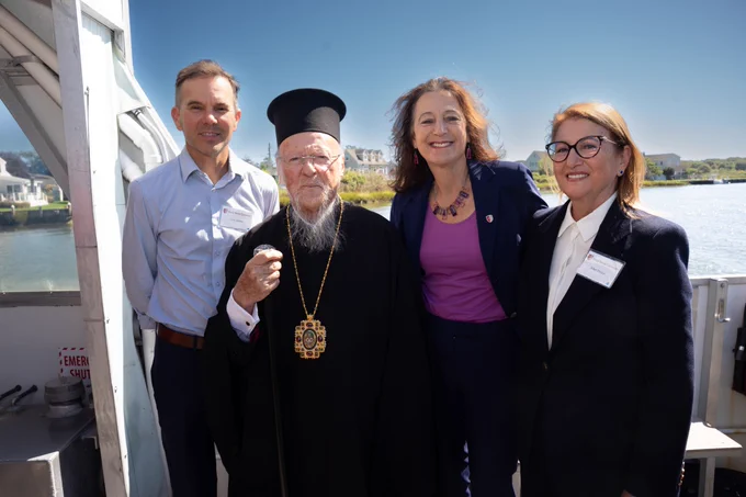 Group shot outside with Drs. Ellen Pikitch & Chris Gobler, His Holiness, and me.