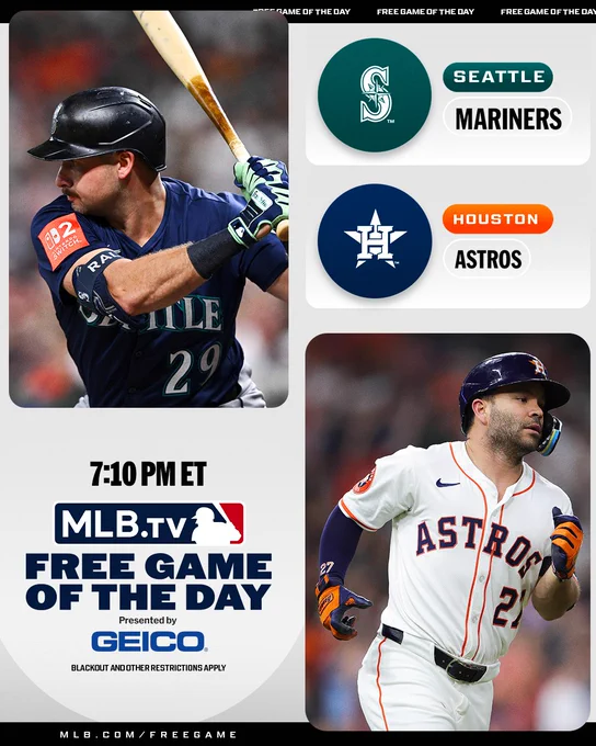 MLB.TV Free Game of the Day
Presented by GEICO
Seattle Mariners vs. Houston Astros, 7:10 PM ET
Pictured: Top left, Cal Raleigh stands at the plate ready to swing a bat. He is wearing a blue Mariners uniform with silver lettering outlined in teal and a blue batting helmet. Bottom right, Jose Altuve runs the bases wearing a white Astros uniform with blue lettering outlined in orange and a blue batting helmet.