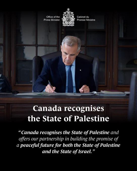 Quote graphic featuring the following quote from Prime Minister Carney’s statement on Canada’s recognition of Palestine: “Canada recognises the State of Palestine and offers our partnership in building the promise of a peaceful future for both the State of Palestine and the State of Israel.”