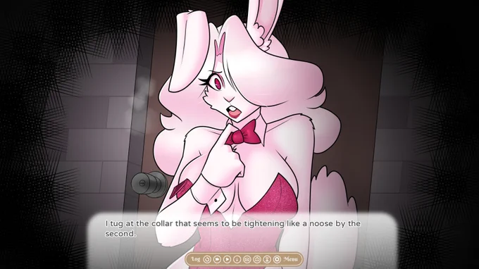 Leo, a feminine white rabbit anthro in a playboy bunny suit leans against a door with a panicked expression while tugging the detached collar. A visual novel text box reads: I tug at the collar that seems to be tightening like a noose by the second.