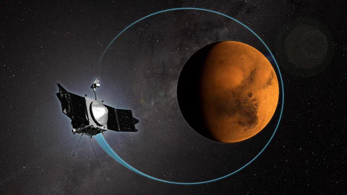 An artist's rendition of the MAVEN spacecraft orbiting the planet Mars. A blue line is streaming from the spacecraft and circles around the planet, representing its orbit. 