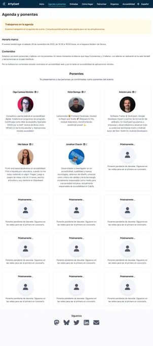 Captura de pantalla de los ponentes y agenda de la A11yConf: https://a11yconf.com/es/agenda