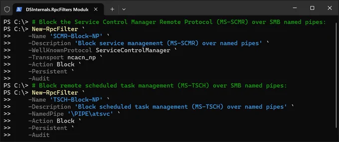 Screenshot of RPC filters being created using the DSInternals.RpcFilters PowerShell module.