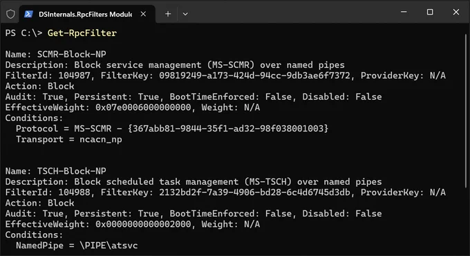 Screenshot of RPC filters being displayed using the DSInternals.RpcFilters PowerShell module.