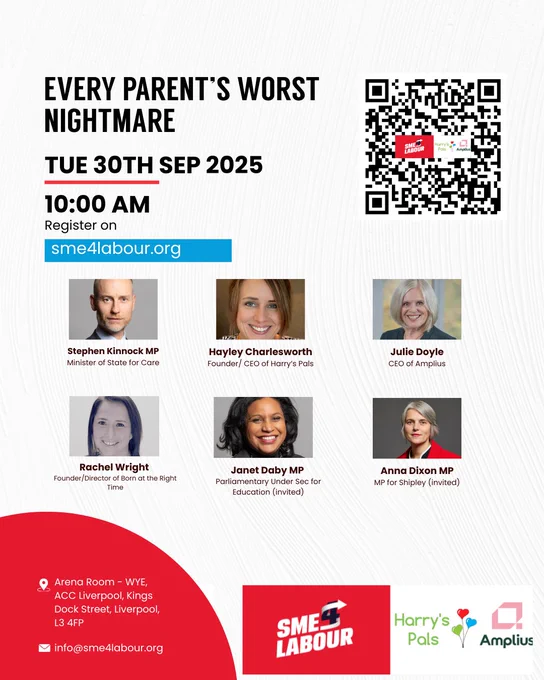 Event poster for "Every Parent's Worst Nightmare" on Sep 30, 2025, at 10:00 AM. Features speaker photos and titles, QR code, and venue details in Liverpool.