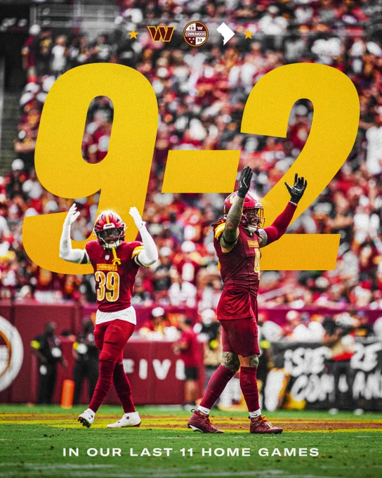 Graphic. It features a photo of Jeremy Reaves and Frankie Luvu during the Raiders game. They have their hands in the air. It says "9-2 in our last 11 home games."