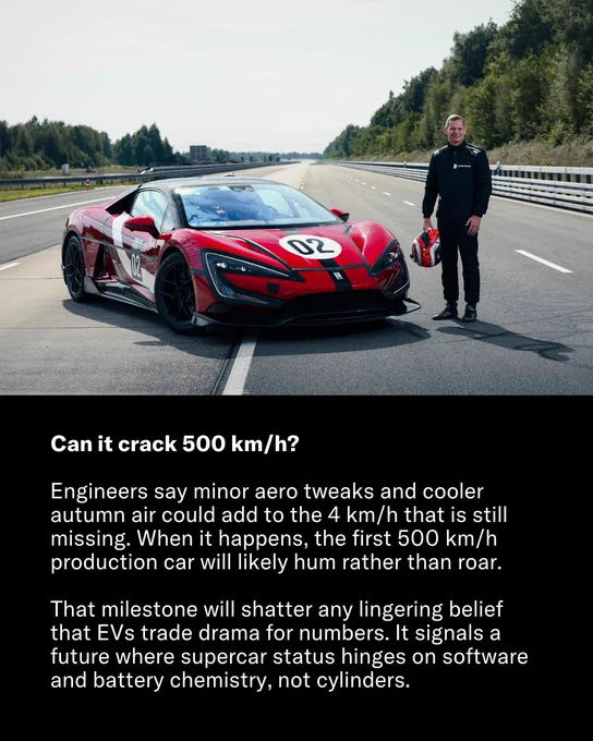 A man stands next to a red hypercar labeled "02" on a track. Text discusses the potential of the car to reach 500 km/h, highlighting its significance for EVs.