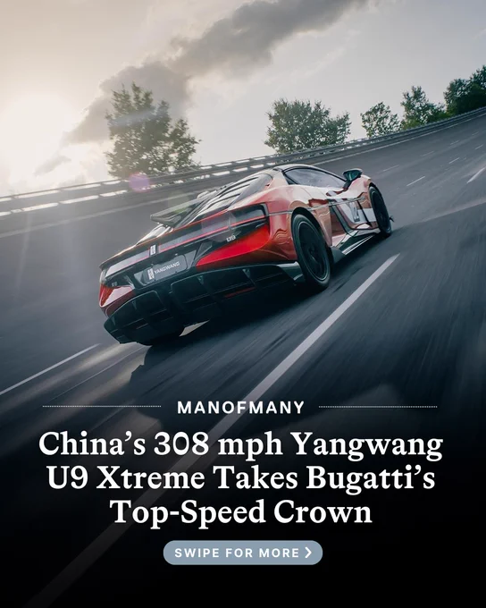 Red Yangwang U9 Xtreme car speeding on a highway, trees and guardrail in the background. Text highlights its 308 mph speed, surpassing Bugatti.