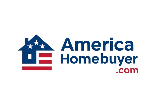 Logo for AmericaHomebuyer.com featuring a house and American flag design with bold text. Premium real estate domain name highlighting trust, authority, and potential for companies targeting first-time homebuyers. - @PotentialNames
