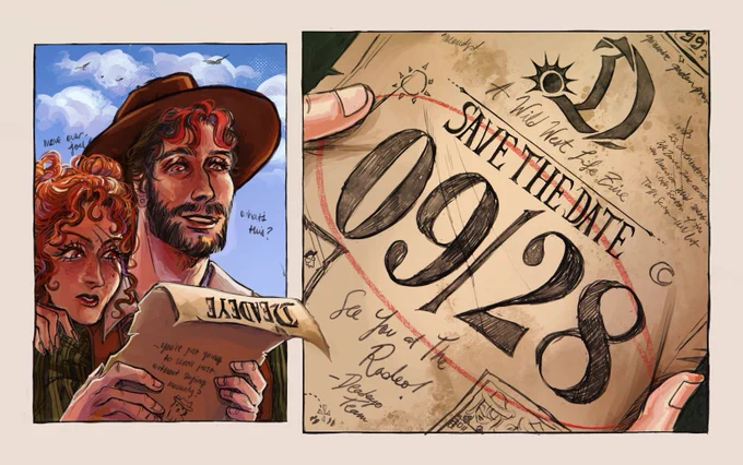 Two-panel digital illustration. The first panel is Joel and Gem looking over a curled sheet of paper. The top of the page says "DEADEYE". The back of the page reads "...You're just going to scroll past without saying meowdy?". Above their heads, text reads "Move over, Joel" and "What's this?" The second panel is a closeup of the page. The page has miscellaneous text and logos. The page reads" SAVE THE DATE: 09/28" and "See you at the Rodeo! - Deadeye Team". 