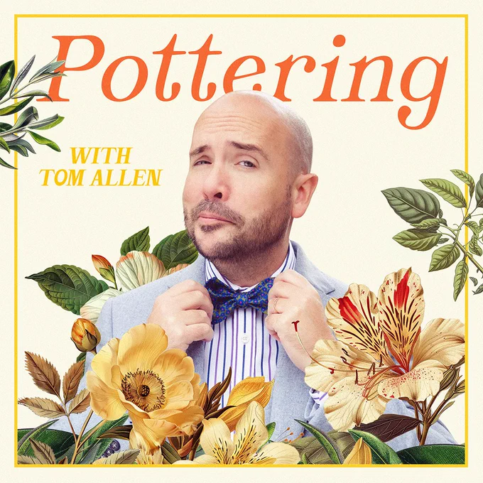 Tom tending his bow tie stood in a square of flowers and plants under the title, Pottering.