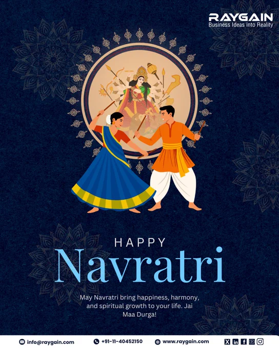 Illustration of Maa Durga with dandiya dancers celebrating Navratri, festive greeting by Raygain wishing happiness, harmony, and spiritual growth.