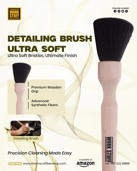 "Advertisement for a detailing brush with ultra-soft bristles, premium wooden grip, and advanced synthetic fibers. Emphasizes precision cleaning. Available at Amazon and highlighted as easy to order online."