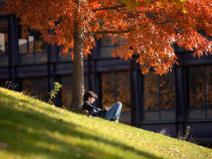 A person is sitting under a vibrant red maple tree on a grassy Libe Slope at Cornell, with a large glass building in the background. The setting suggests a peaceful autumn day at Cornell University.