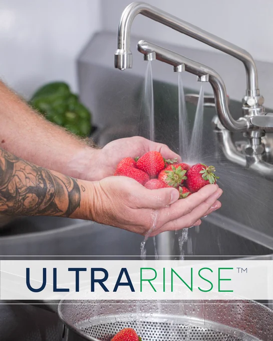 Hands washing fresh strawberries under a running faucet of an UltraRinse sink by T&S Brass.