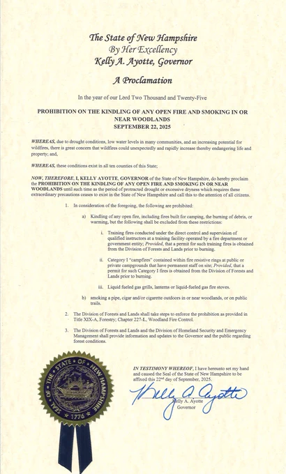 Gov. Ayotte proclamation - Prohibition on Kindling of any Open Fire and Smoking in or near Woodlands - 2025-09-22