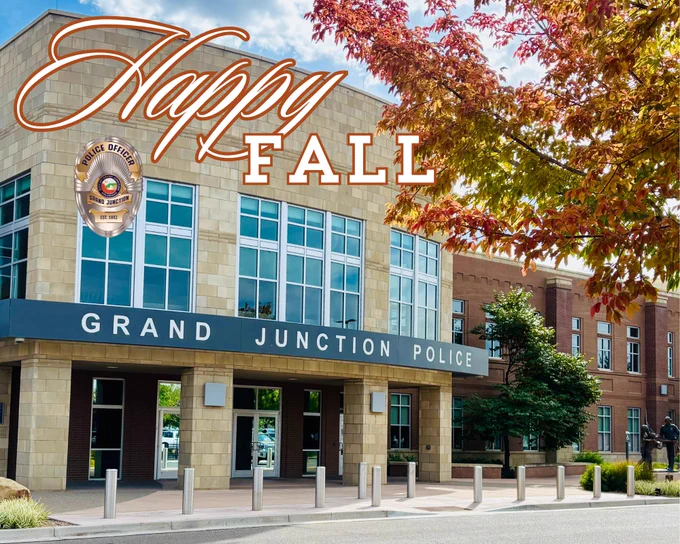 GJPD building with fall leaves, text reads Happy Fall