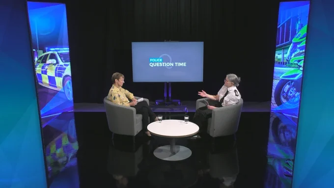 An image of PCC Clare Moody interviewing CC Sarah Crew in a studio