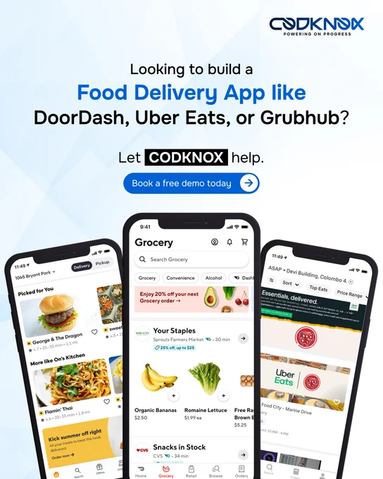 Advertisement for Codknox, a company that builds food delivery apps like DoorDash. The image shows three smartphones displaying different app screens.
