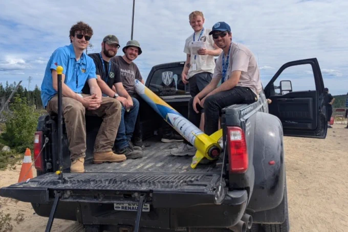 University of Windsor rocketry team members Daniel Accettola, Mathew Estrela, Ian Powell, Gianluca Romanzin and Nick Pinkney at Launch Canada 2025 in Timmins, Ont. 