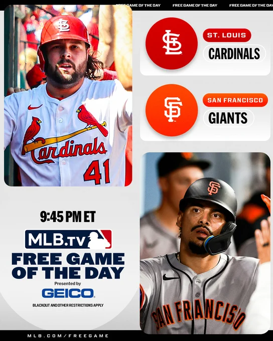 MLB.TV Free Game of the Day
Presented by GEICO
St. Louis Cardinals vs. San Francisco Giants, 9:45 PM ET
Pictured: Top left, Alec Burleson high fives teammates in the dugout, wearing a white Cardinals uniform and red batting helmet. Bottom right, Willy Adames high fives teammates in the dugout, wearing a gray San Francisco uniform and black batting helmet.