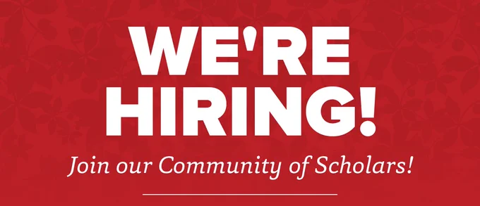 White text on red that reads "We're hiring! Join our community of scholars!'. 