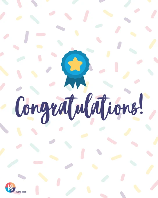 Blue award ribbon with a yellow star above the word 'Congratulations!' on a white background with pastel confetti sprinkles.