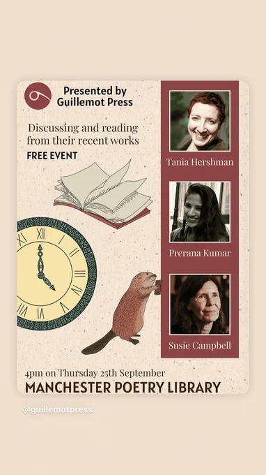 Poster for event with author pics and pics of book, clock, beaver
