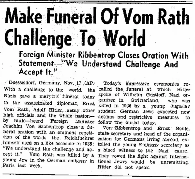 newspaper article: Make Funeral Of Vom Rath Challenge To World