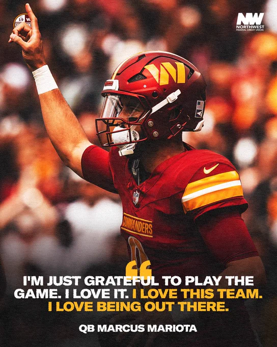 Quote graphic. It features an image of Marcus Mariota raising his right hand in the air, holding his index finger up. He is wearing a burgundy helmet and jersey. At the bottom it says "I'm just grateful to play the game. I love it. I love this team. I love being out there."