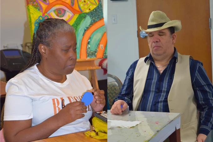 Two photos in a collage of Miami Lighthouse Senior Program Participants meditation during a mindfulness session.