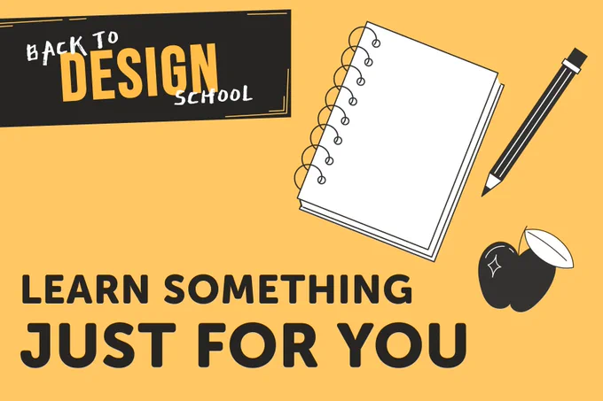 yellow background with graphic of notebook, pencil, and apple with text overlay learn something just for you 