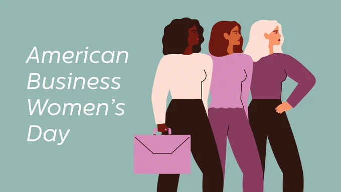 Illustration commemorating American Business Women's Day, featuring three individuals standing side by side, each dressed in professional attire.