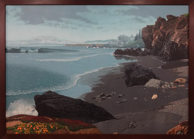 Realistic acrylic painting that is a composite of views along the U.S.'s Pacific coastline. From the collection of the U. S. Department of the Interior Museum (INTR 03786)