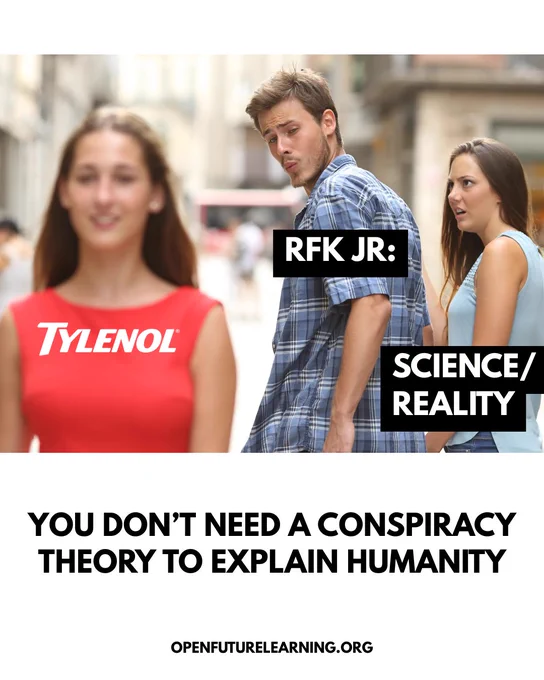 ID: Image shows popular meme with man being distracted by another lady as he walks with girlfriend. On the other lady text reads 'Tylenol' on the man it reads 'RFK Jr' on the girlfriend it reads 'Science/Reality.'