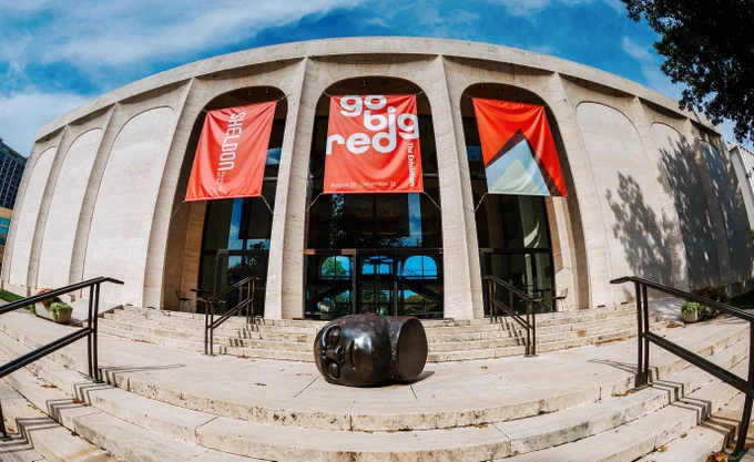Lens distorted effect of the front of the Sheldon Museum of Art during its Go Big Red exhibit.