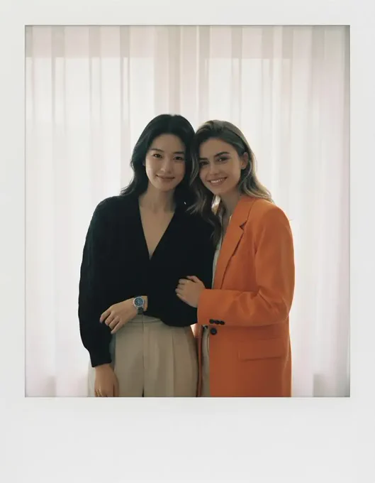 Create a 4K HD realistic polaroid-style photograph of the people in the provided images. They are posing together. Keep the faces unchanged, add slight blur and consistent lighting, with a white curtain backdrop, like a cozy candid film photo.