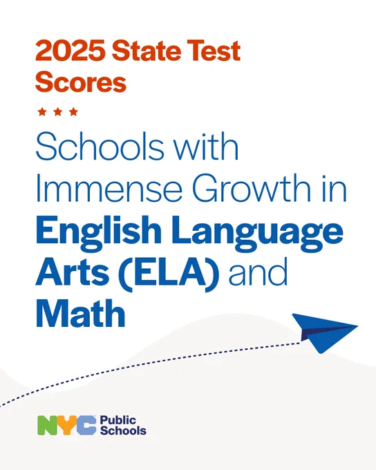 Graphic with an illustration of a paper plane flying. Text reads, "2025 State Test Scores. Schools with Immense Growth in English Language Arts (ELA) and Math." N Y C Public Schools logo.