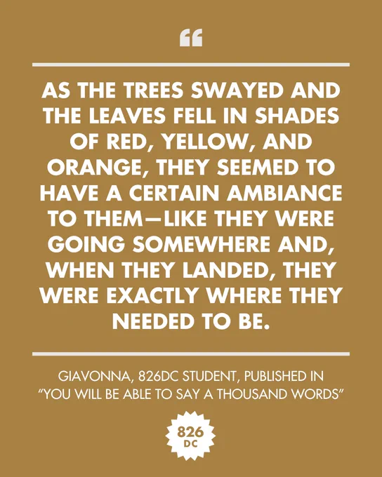 Image: "As the trees swayed and the leaves fell in shades of red, yellow, and orange, they seemed to have a certain ambiance to them—like they were going somewhere and, when they landed, they were exactly where they needed to be." Giavonna, 826DC student, published in "You Will Be Able to Say a Thousand Words"