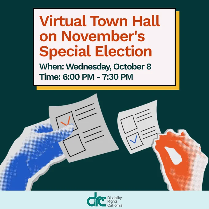 Text: Virtual Town Hall on November's Special Election. When: Wednesday, October 8. Time: 6:00pm-7:30pm. Blue and red hand illustrations below each with voting ballots in hand with check marks on them.